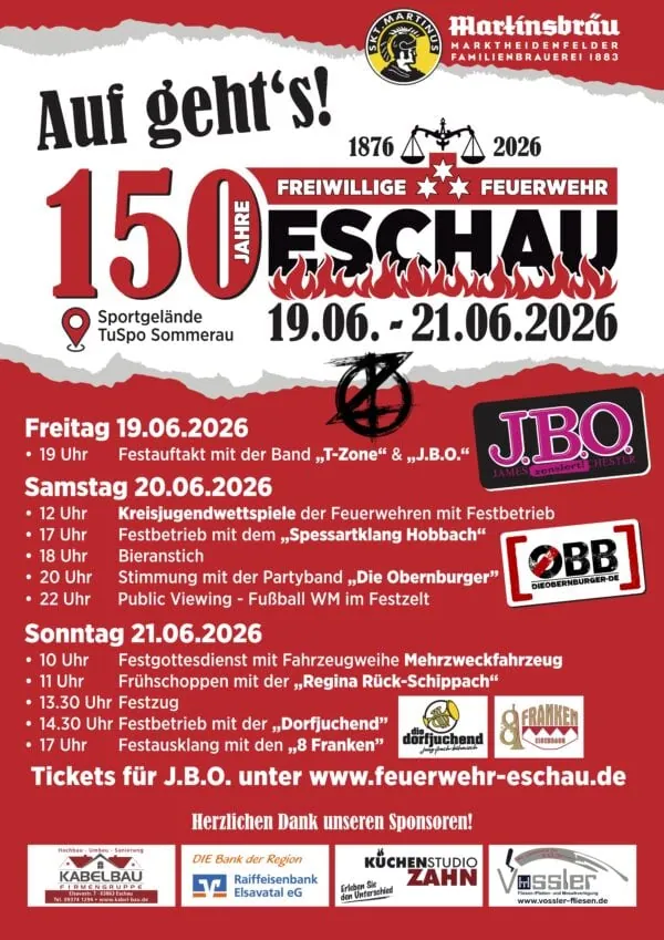 J.B.O. Band bei Feuerwehr-Event in Eschach, Deutschland, mit Feuerwehrauftritt und Musik.